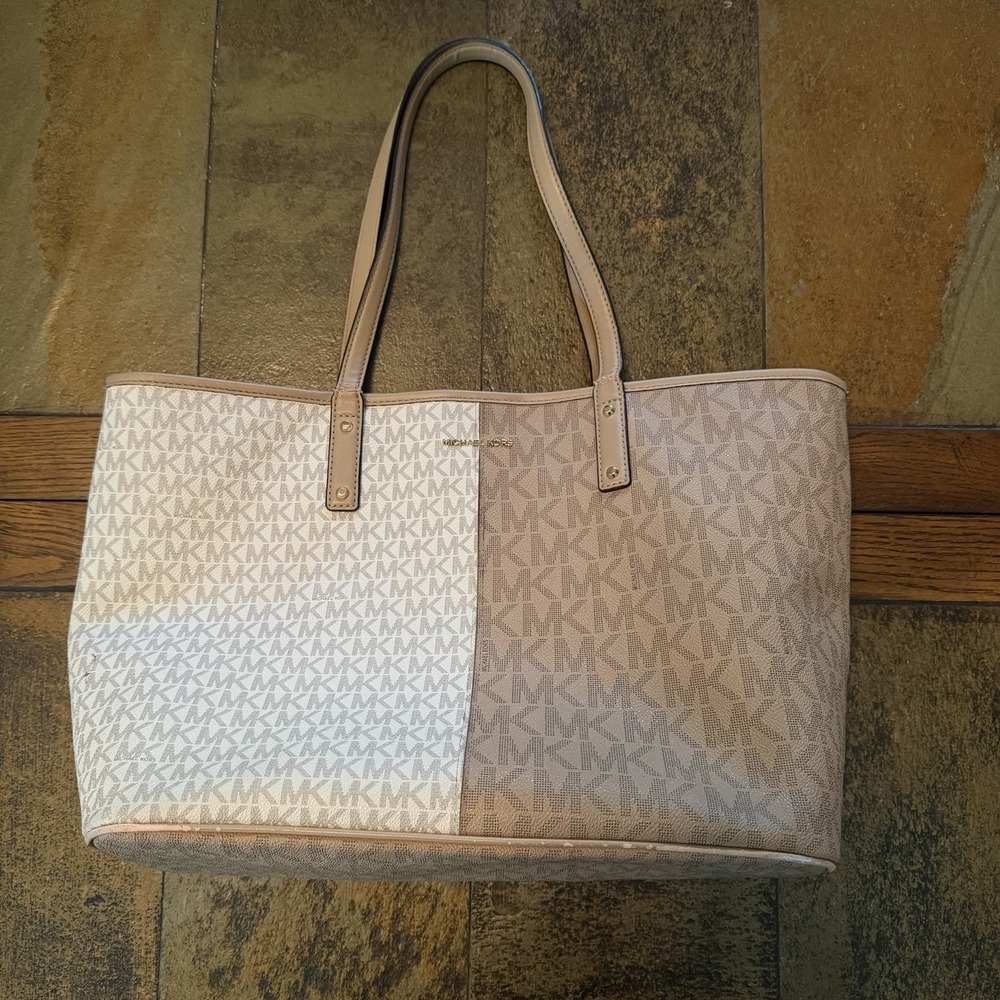 MICHAEL KORS Carter Signature Logo Beige White Cream Open Large Tote Bag $258